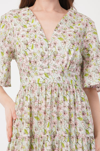 Hariette Pink Floral Cotton V-Neck Maxi Long Dress