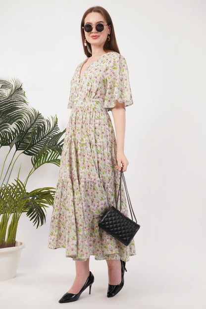 Hariette Pink Floral Cotton V-Neck Maxi Long Dress