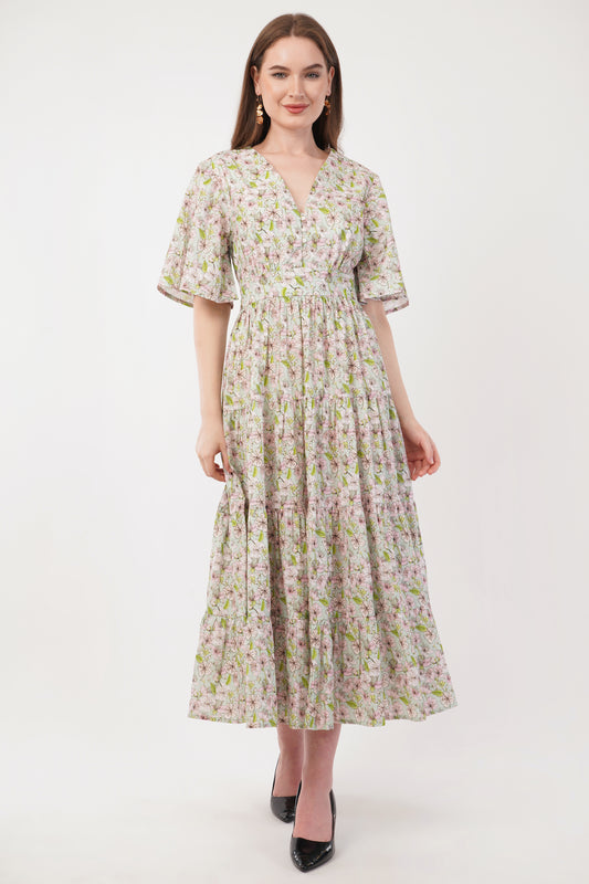 Hariette Pink Floral Cotton V-Neck Maxi Long Dress