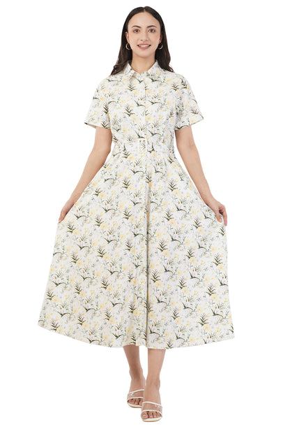 Hazel Summer Floral Cotton Shirt Long Maxi Dress with Belt