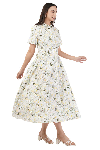 Hazel Summer Floral Cotton Shirt Long Maxi Dress with Belt