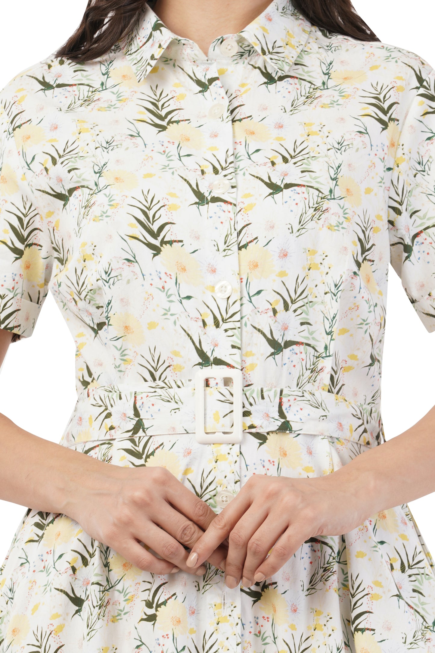 Hazel Summer Floral Cotton Shirt Long Maxi Dress with Belt