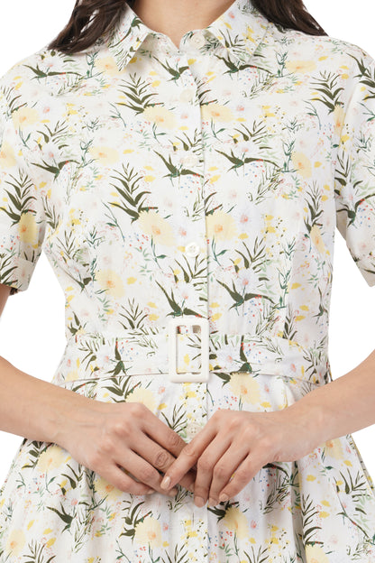 Hazel Summer Floral Cotton Shirt Long Maxi Dress with Belt