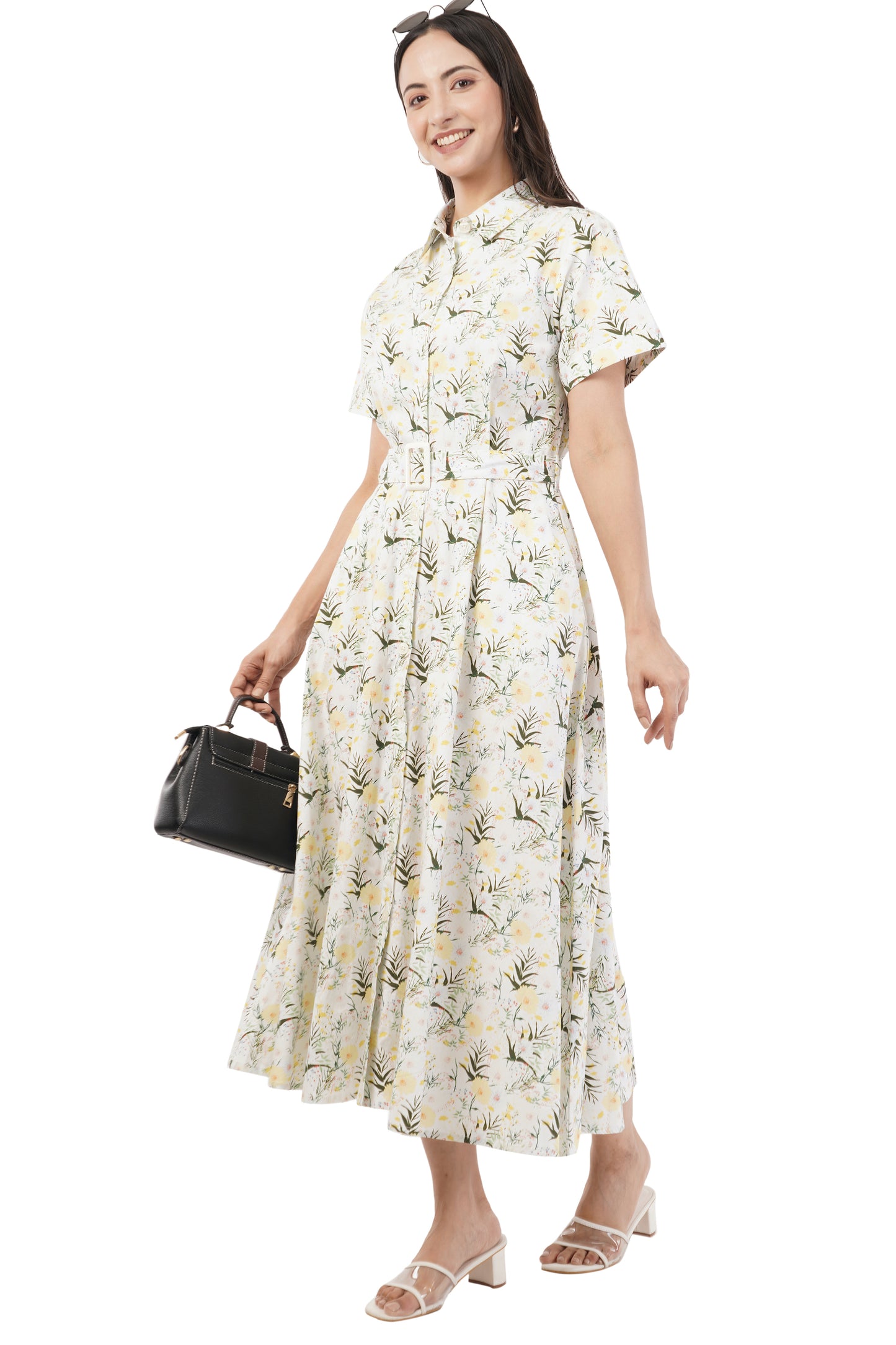 Hazel Summer Floral Cotton Shirt Long Maxi Dress with Belt