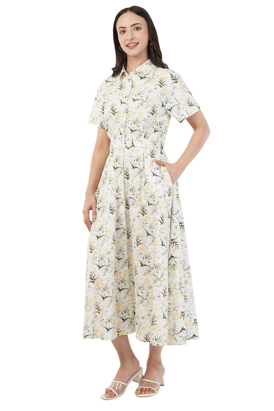 Hazel Summer Floral Cotton Shirt Long Maxi Dress with Belt&nbsp;