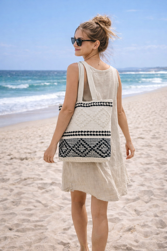 Boho Horizon Cotton Handmade Tufted Beach Tote Bag