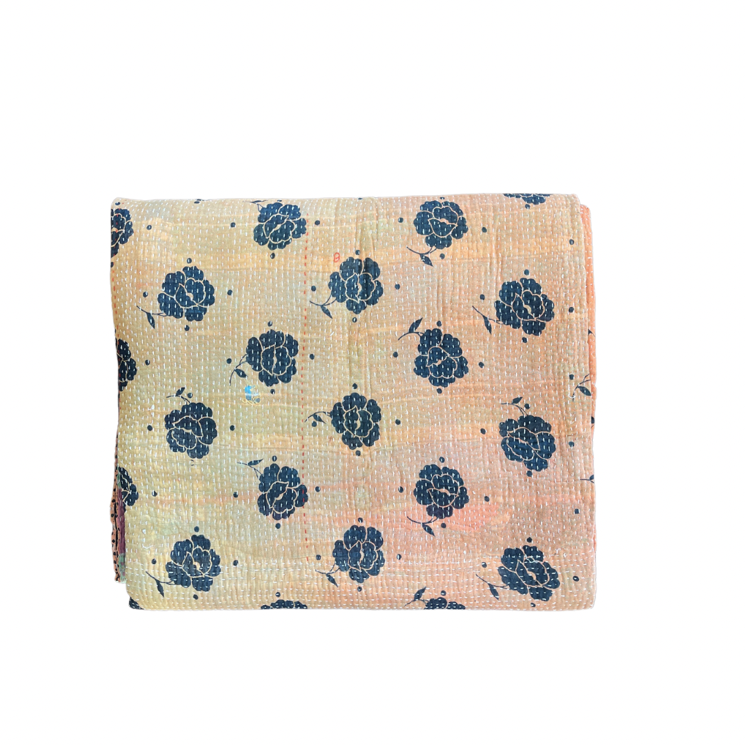 Indian Handmade Cotton Reversible Vintage Kantha Quilt Bedspread Throw- Amba - Adore India   