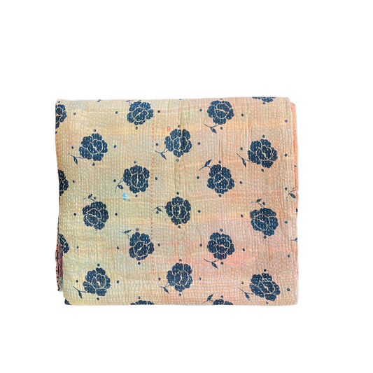 Indian Handmade Cotton Reversible Vintage Kantha Quilt Bedspread Throw- Amba - Adore India   