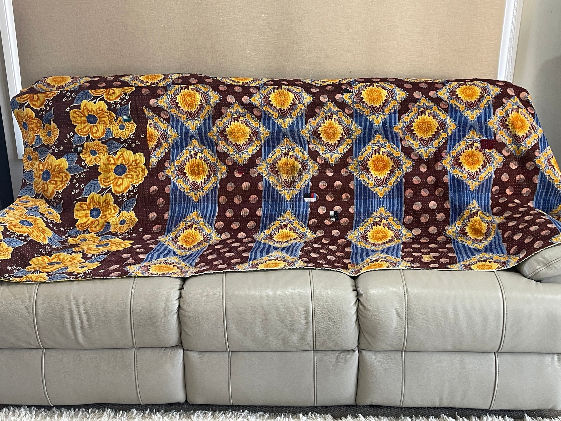 Indian Handmade Cotton Reversible Vintage Kantha Quilt Bedspread Throw- Bhavana - Adore India   