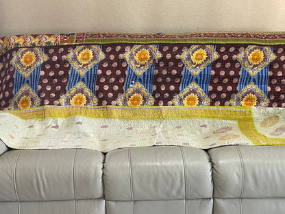Indian Handmade Cotton Reversible Vintage Kantha Quilt Bedspread Throw- Bhavana - Adore India   