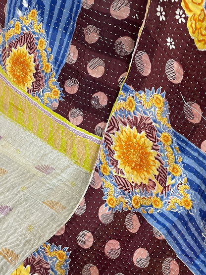 Indian Handmade Cotton Reversible Vintage Kantha Quilt Bedspread Throw- Bhavana - Adore India   
