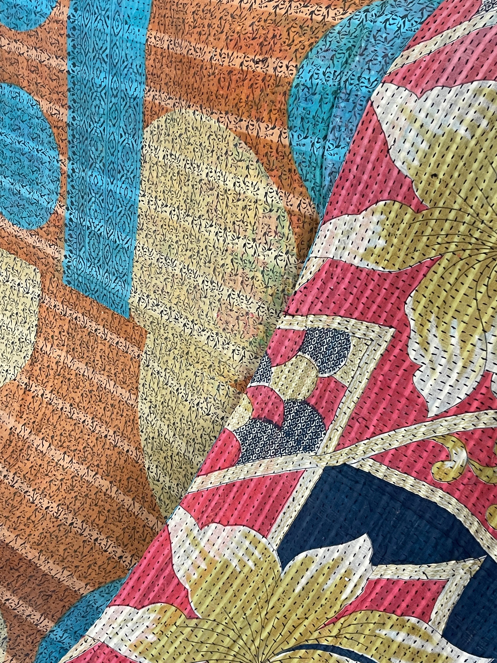 Indian Handmade Cotton Reversible Vintage Kantha Quilt Bedspread Throw- Farah - Adore India   