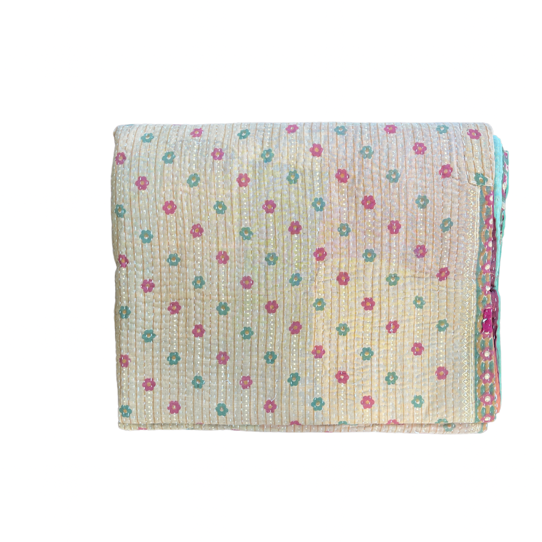 Indian Handmade Cotton Reversible Vintage Kantha Quilt Bedspread Throw- Jaya - Adore India   