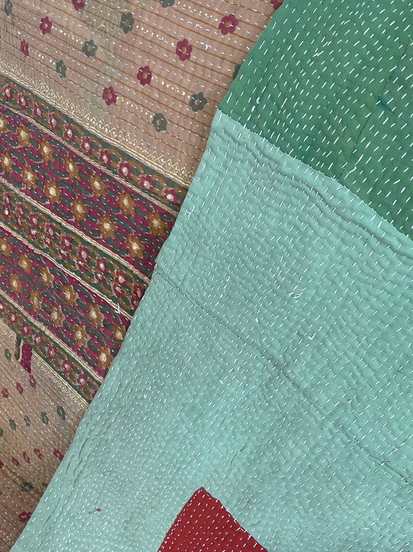 Indian Handmade Cotton Reversible Vintage Kantha Quilt Bedspread Throw- Jaya - Adore India   