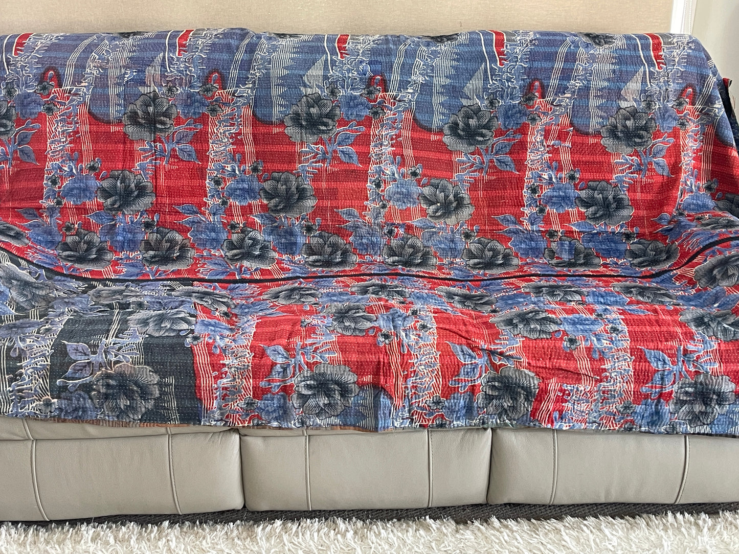 Indian Handmade Cotton Reversible Vintage Kantha Quilt Bedspread Throw- Rama - Adore India   