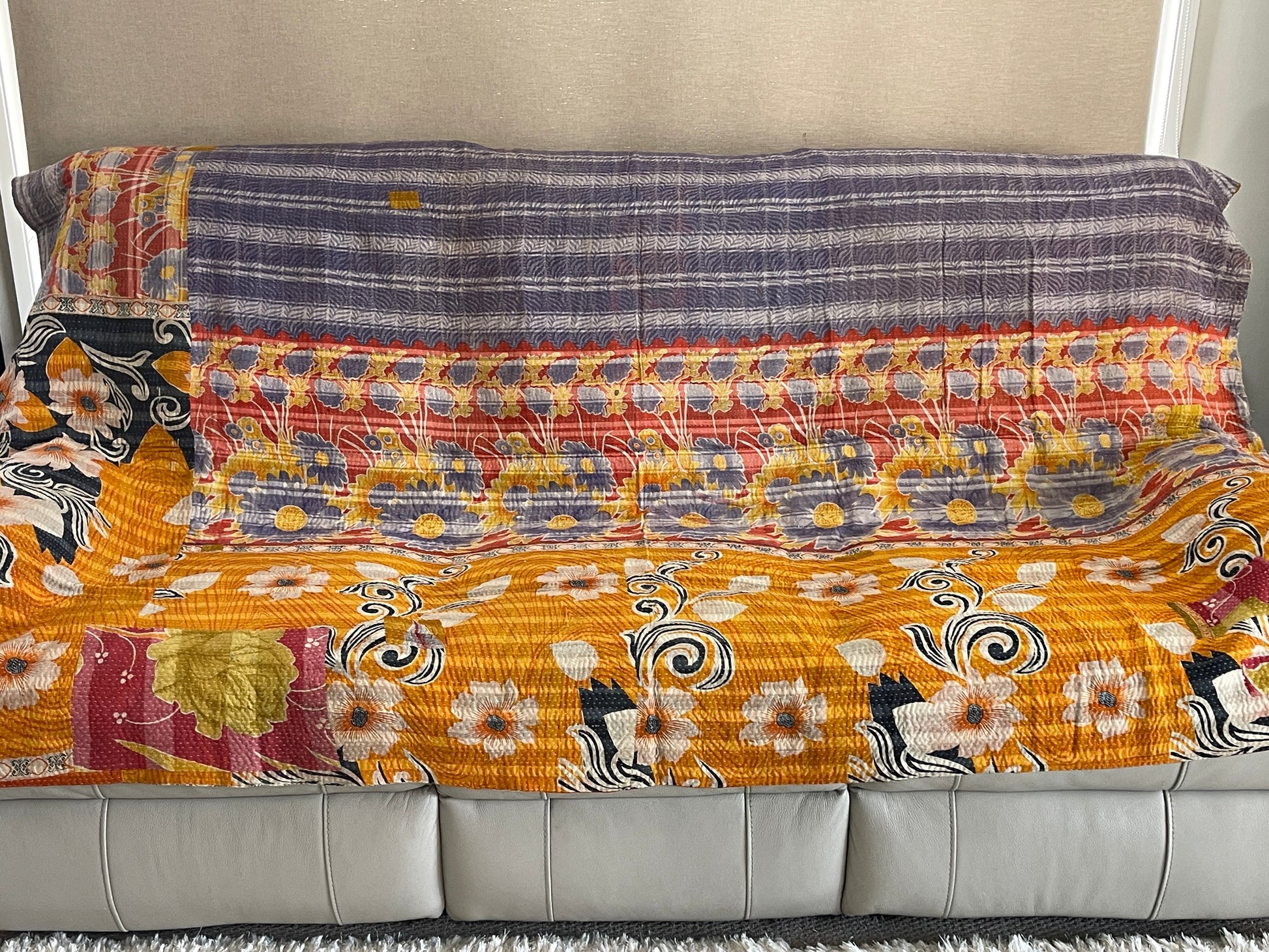 Indian Handmade Cotton Reversible Vintage Kantha Quilt Bedspread Throw- Vidya - Adore India   