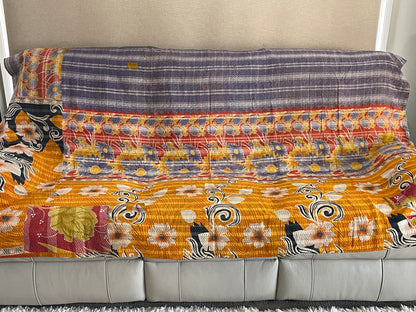 Indian Handmade Cotton Reversible Vintage Kantha Quilt Bedspread Throw- Vidya - Adore India   