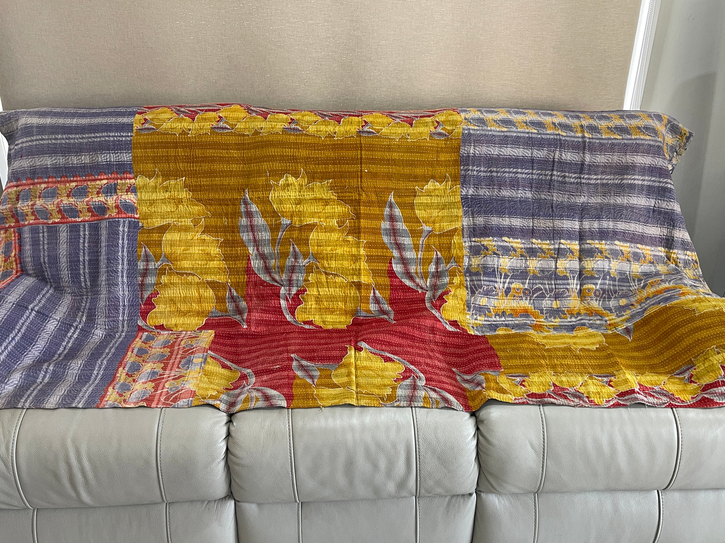 Indian Handmade Cotton Reversible Vintage Kantha Quilt Bedspread Throw- Vidya - Adore India   
