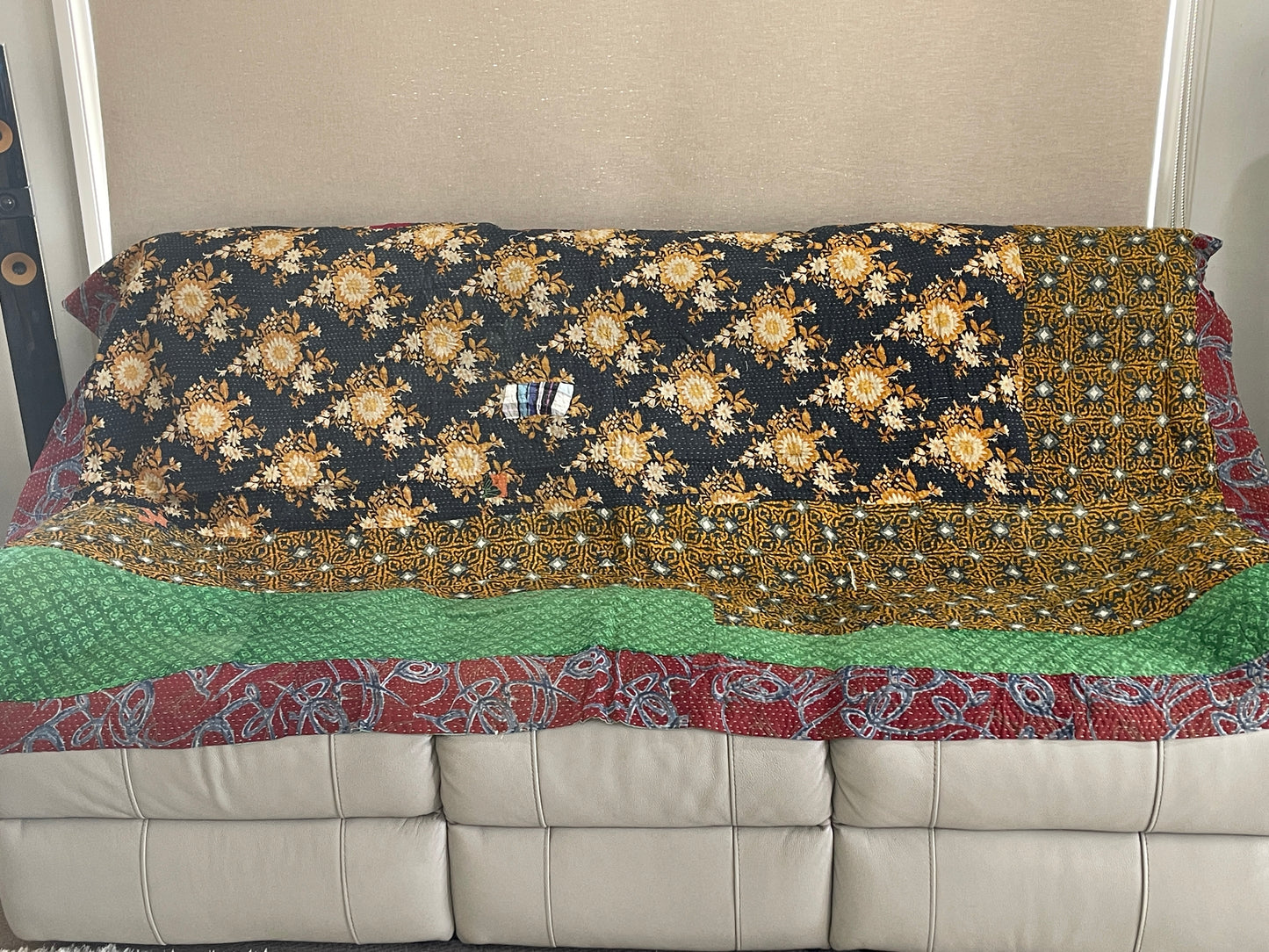 Indian Handmade Vintage Cotton Reversible Kantha Quilt Throw Bedspread - Seema - Adore India   