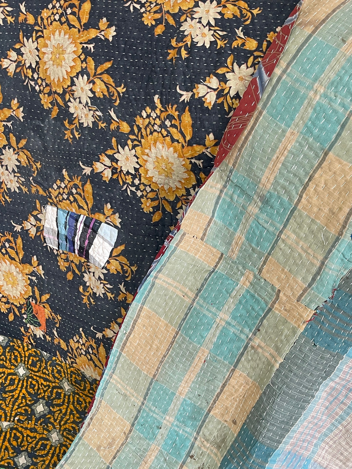 Indian Handmade Vintage Cotton Reversible Kantha Quilt Throw Bedspread - Seema - Adore India   