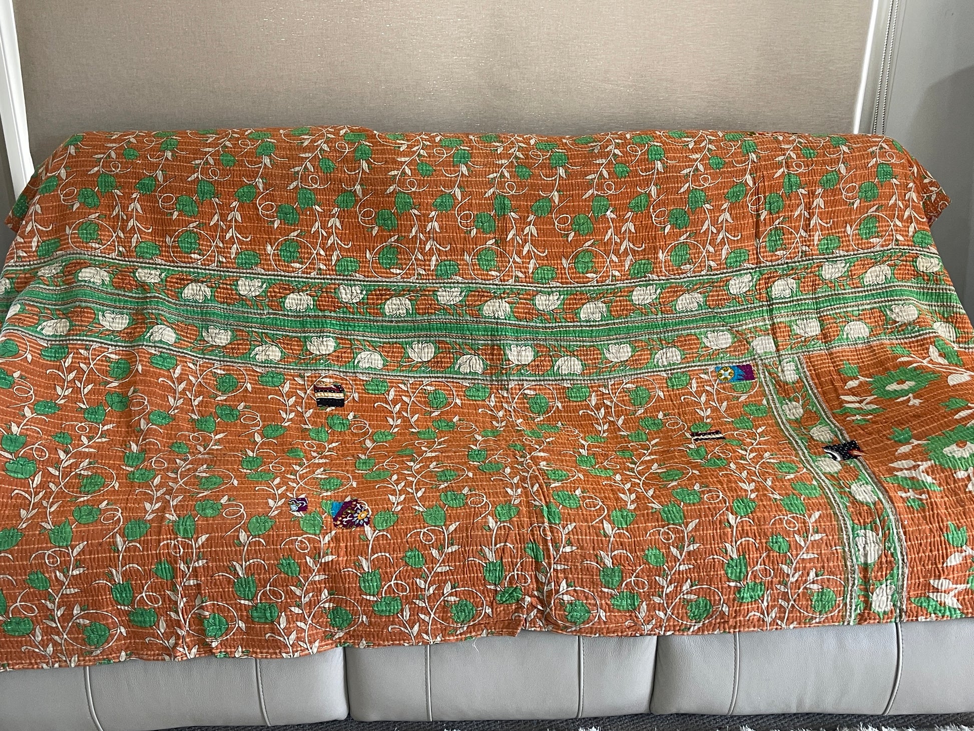 Indian Handmade Vintage Cotton Reversible Kantha Quilt Throw Bedspread- Priya - Adore India   