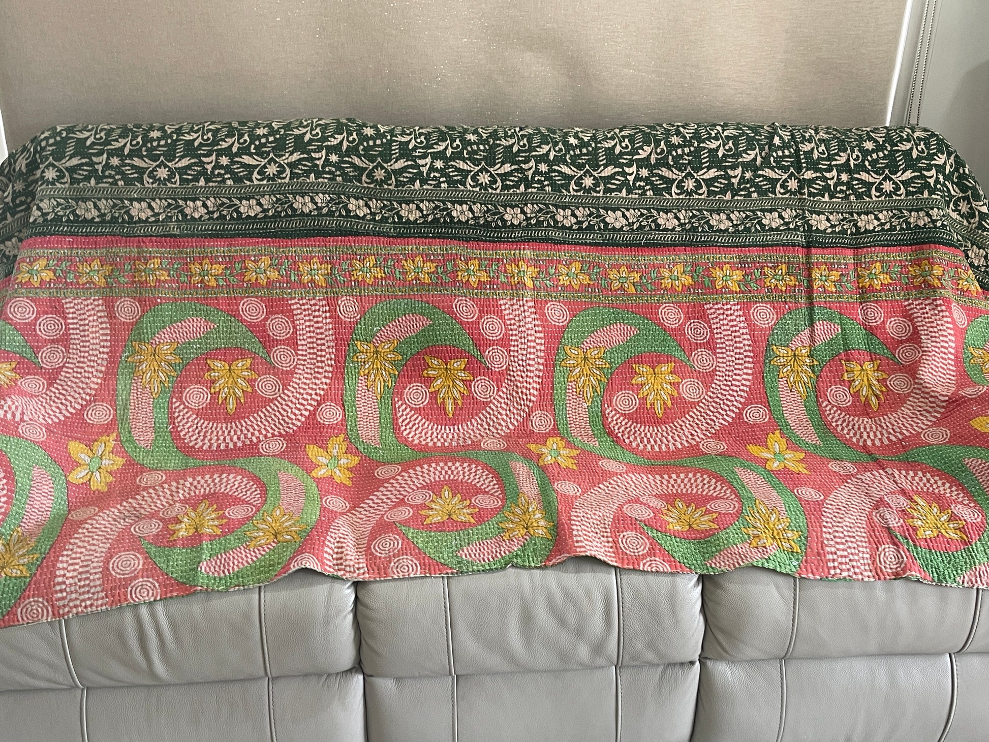 Indian Handmade Vintage Cotton Reversible Kantha Quilt Throw Bedspread- Priya - Adore India   