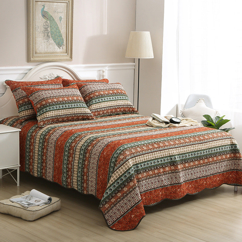 Red Multi Horizontal Geometrical Cotton 3 Piece Bedspread Bedding Set - Adore India   