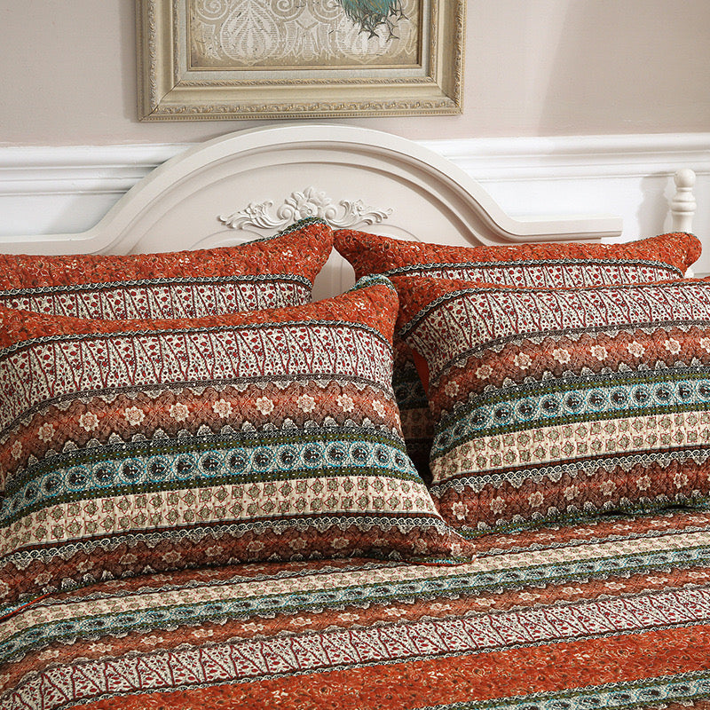 Red Multi Horizontal Geometrical Cotton 3 Piece Bedspread Bedding Set - Adore India   