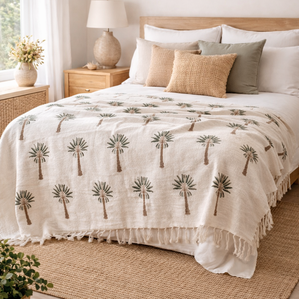 Bohemian Cotton Hand Block Palm Tree Bedding Throw Blanket