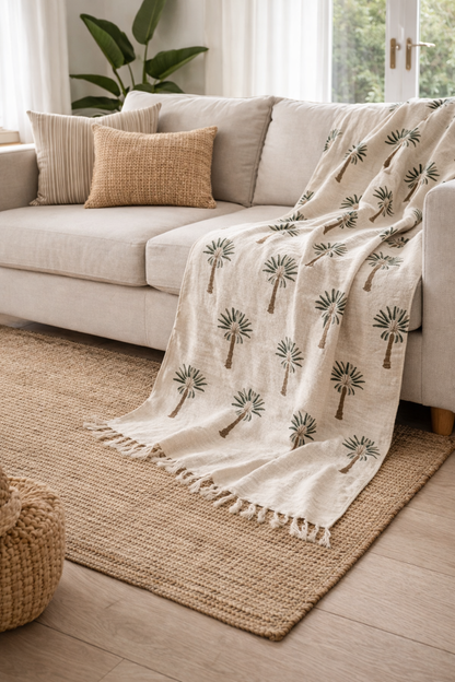 Bohemian Cotton Hand Block Palm Tree Bedding Throw Blanket