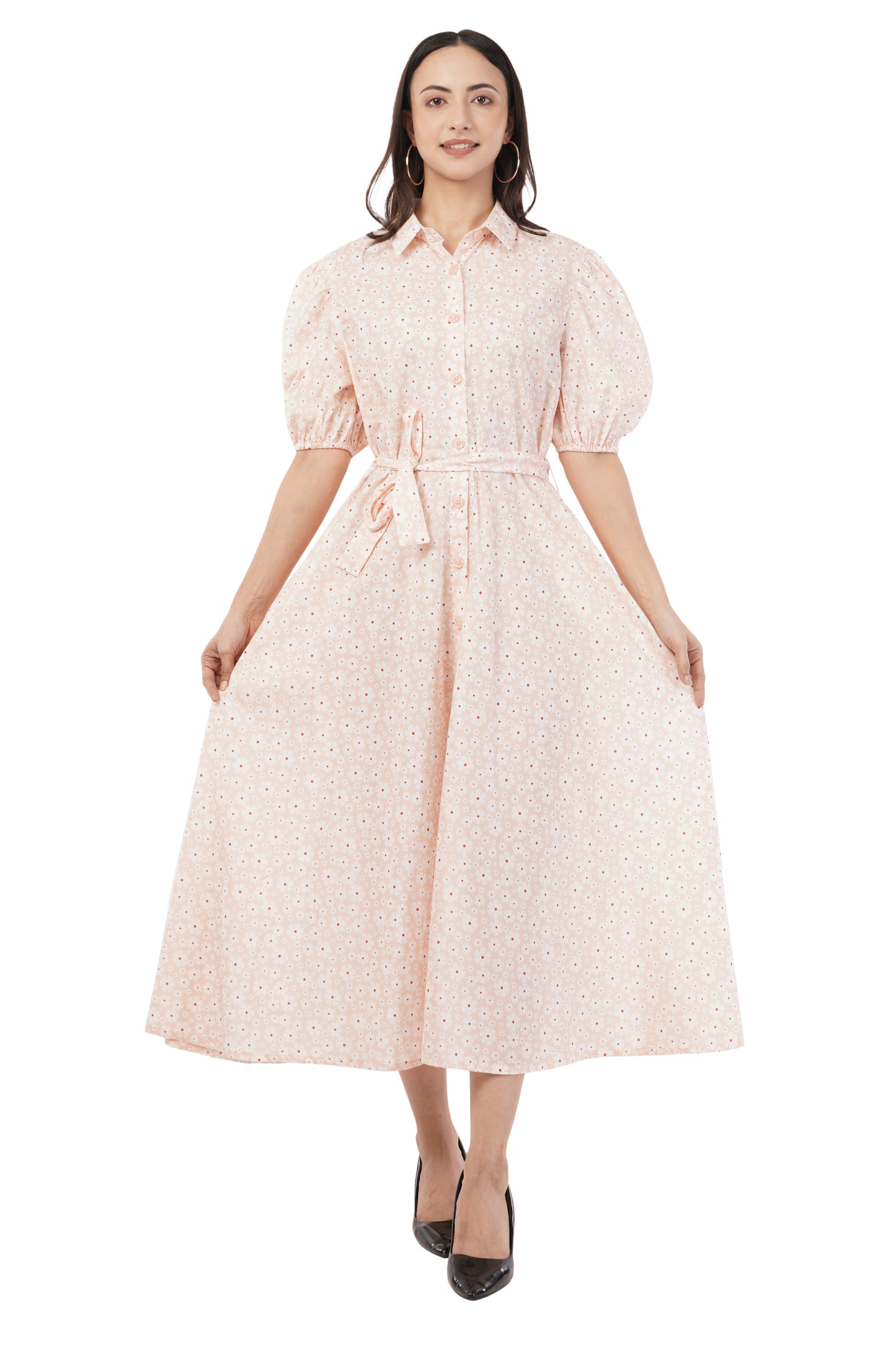 IVY Peach Cotton Midi Shirt Floral Elegance Dress