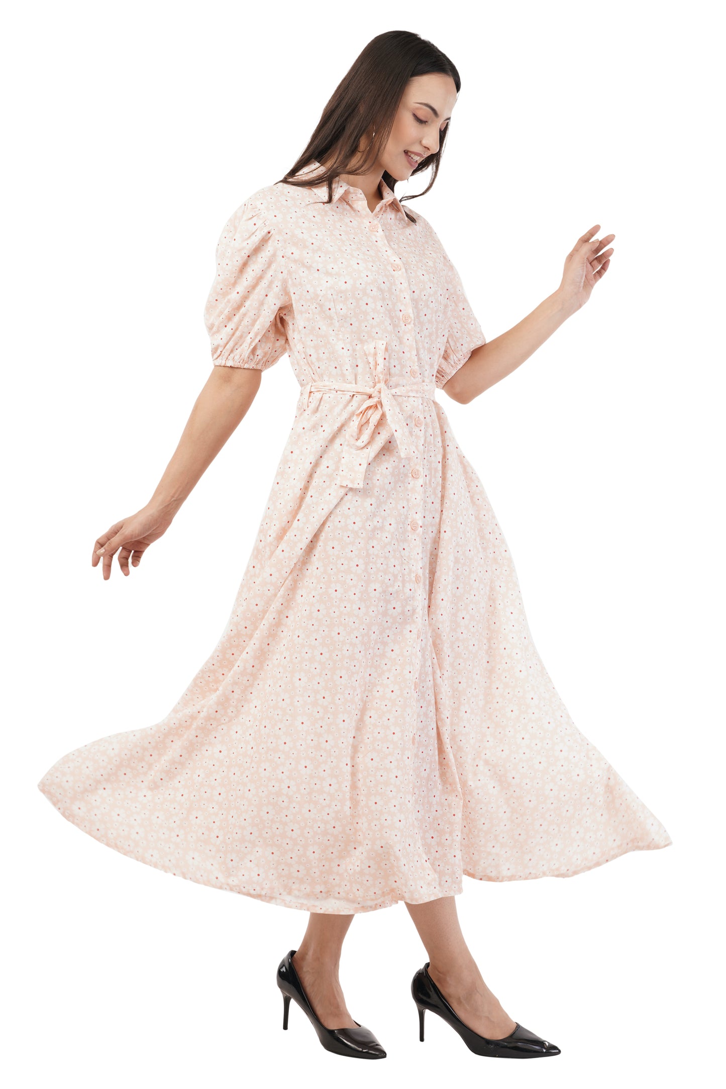 IVY Peach Cotton Midi Shirt Floral Elegance Dress