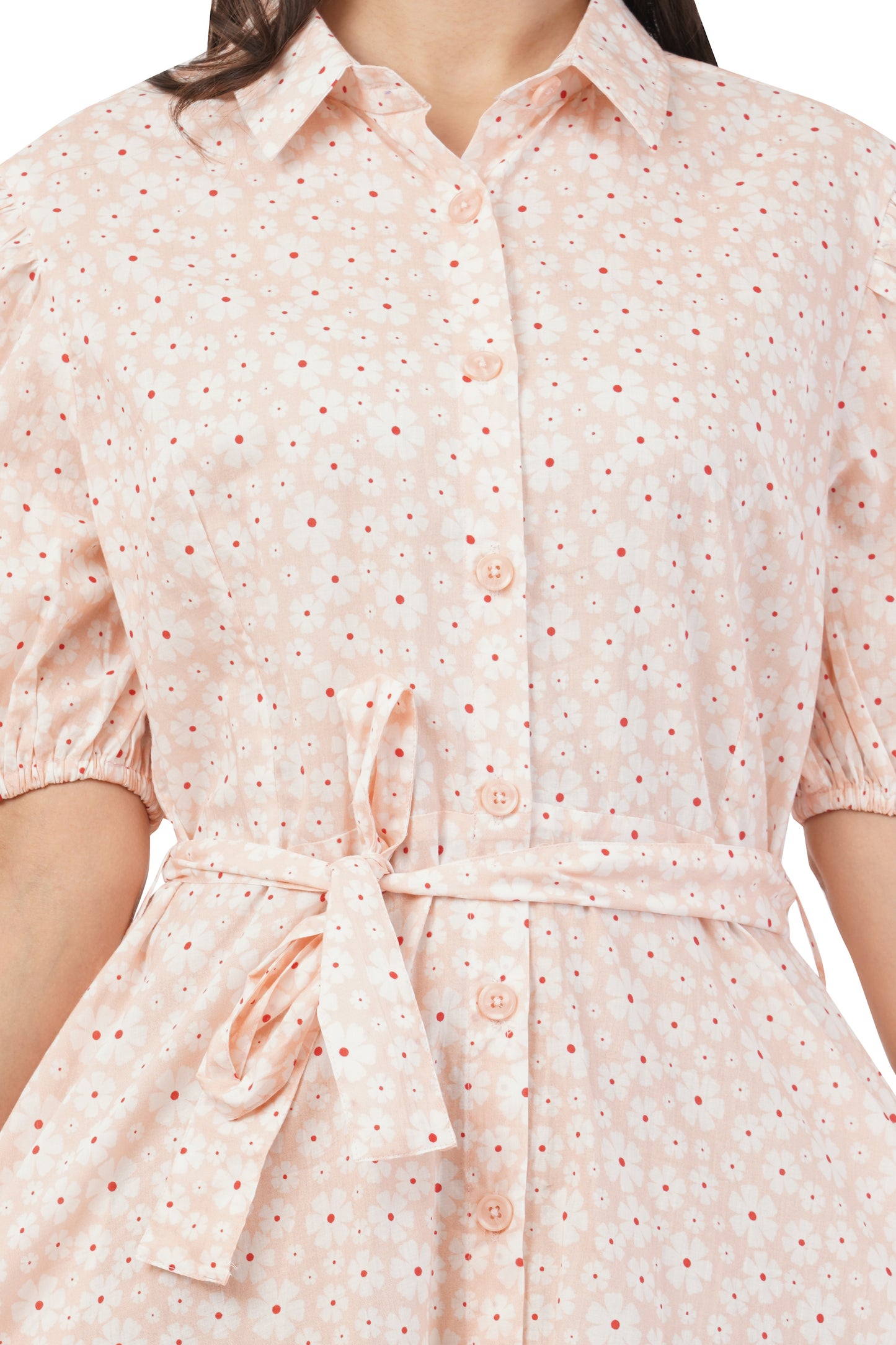 IVY Peach Cotton Midi Shirt Floral Elegance Dress