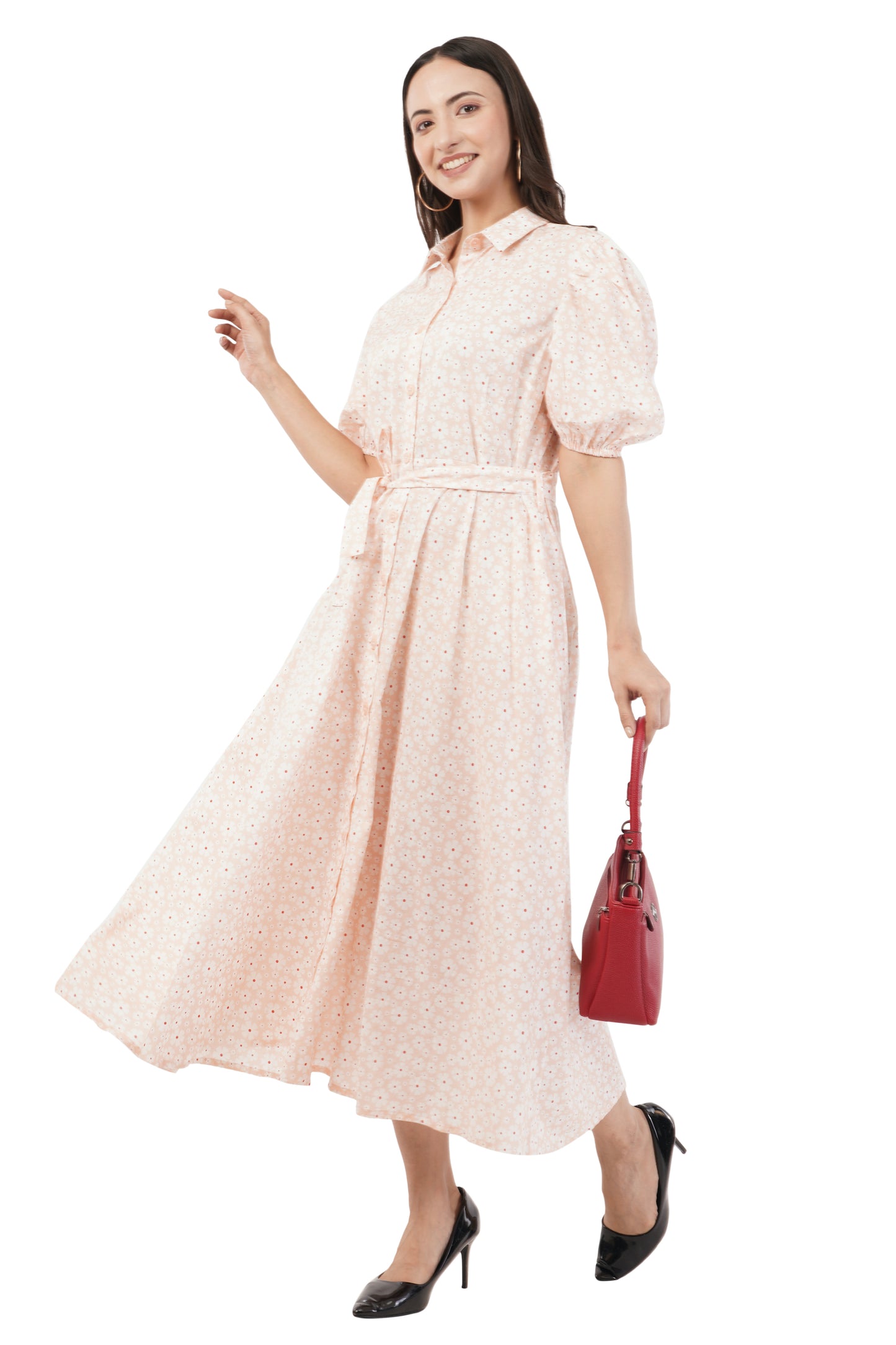 IVY Peach Cotton Midi Shirt Floral Elegance Dress
