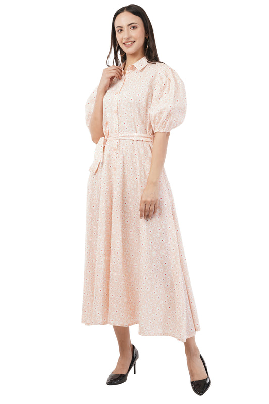 IVY Peach Cotton Midi Shirt Floral Elegance Dress&nbsp;