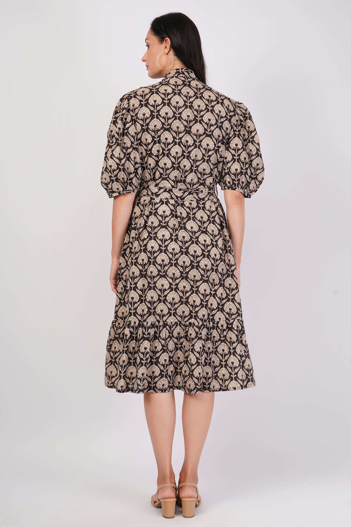 Indira Cotton Traditional Hand Block Printed Black Tiered Dress