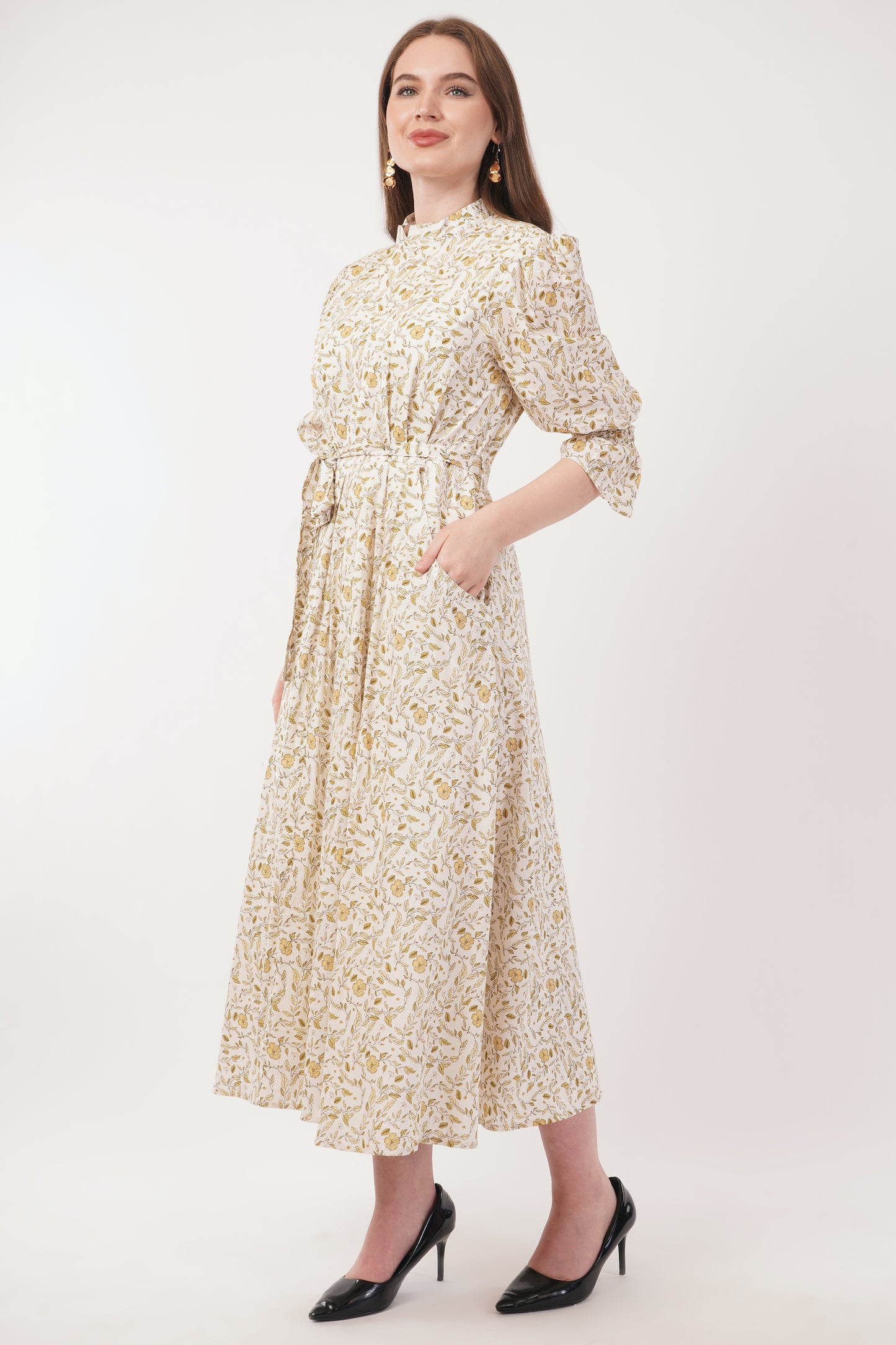 Lilian Long Bohemian Cotton Golden Floral Maxi Dress