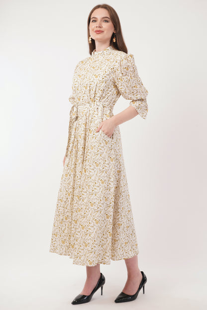Lilian Long Bohemian Cotton Golden Floral Maxi Dress