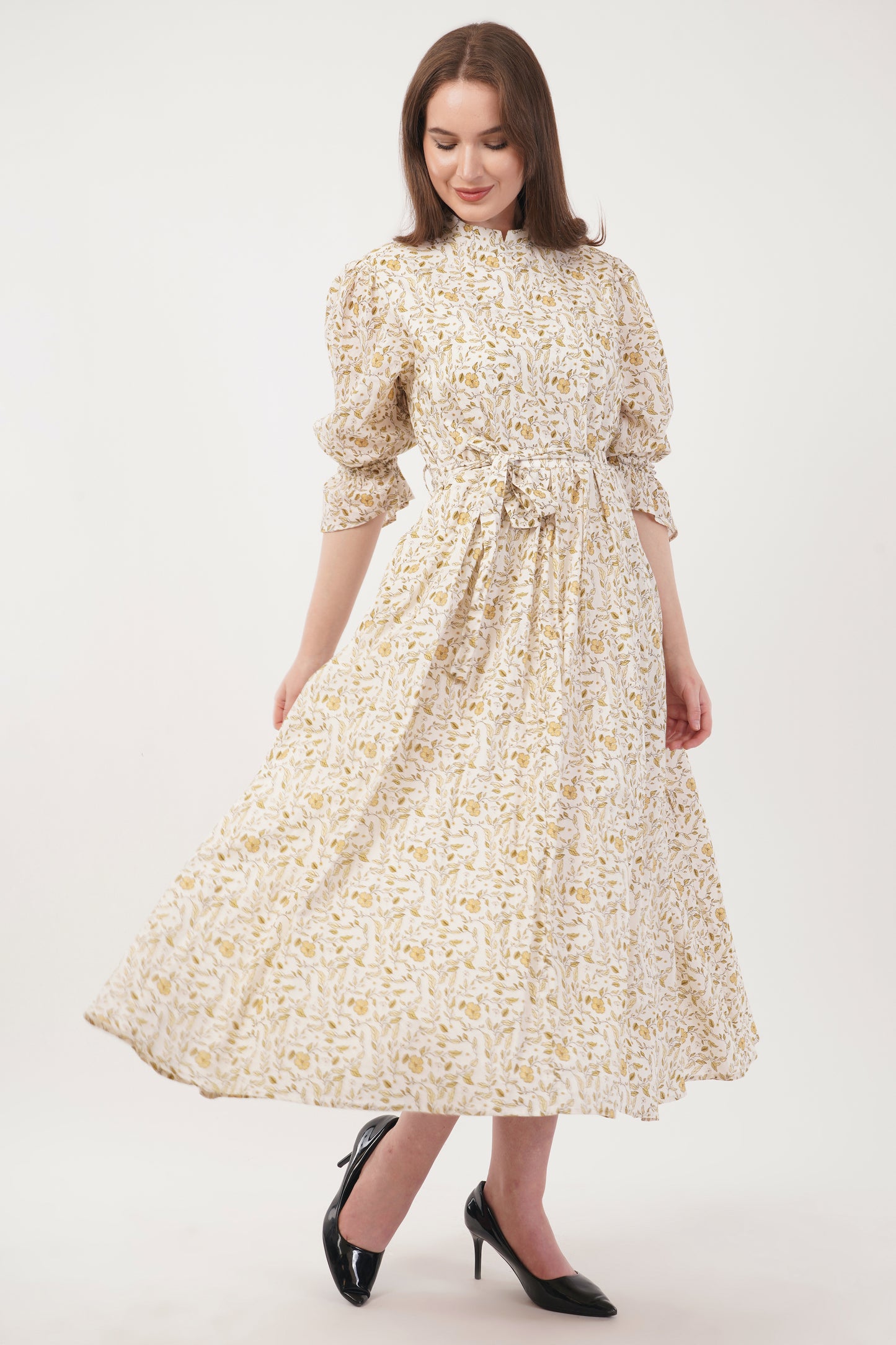 Lilian Long Bohemian Cotton Golden Floral Maxi Dress