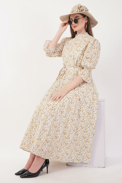 Lilian Long Bohemian Cotton Golden Floral Maxi Dress