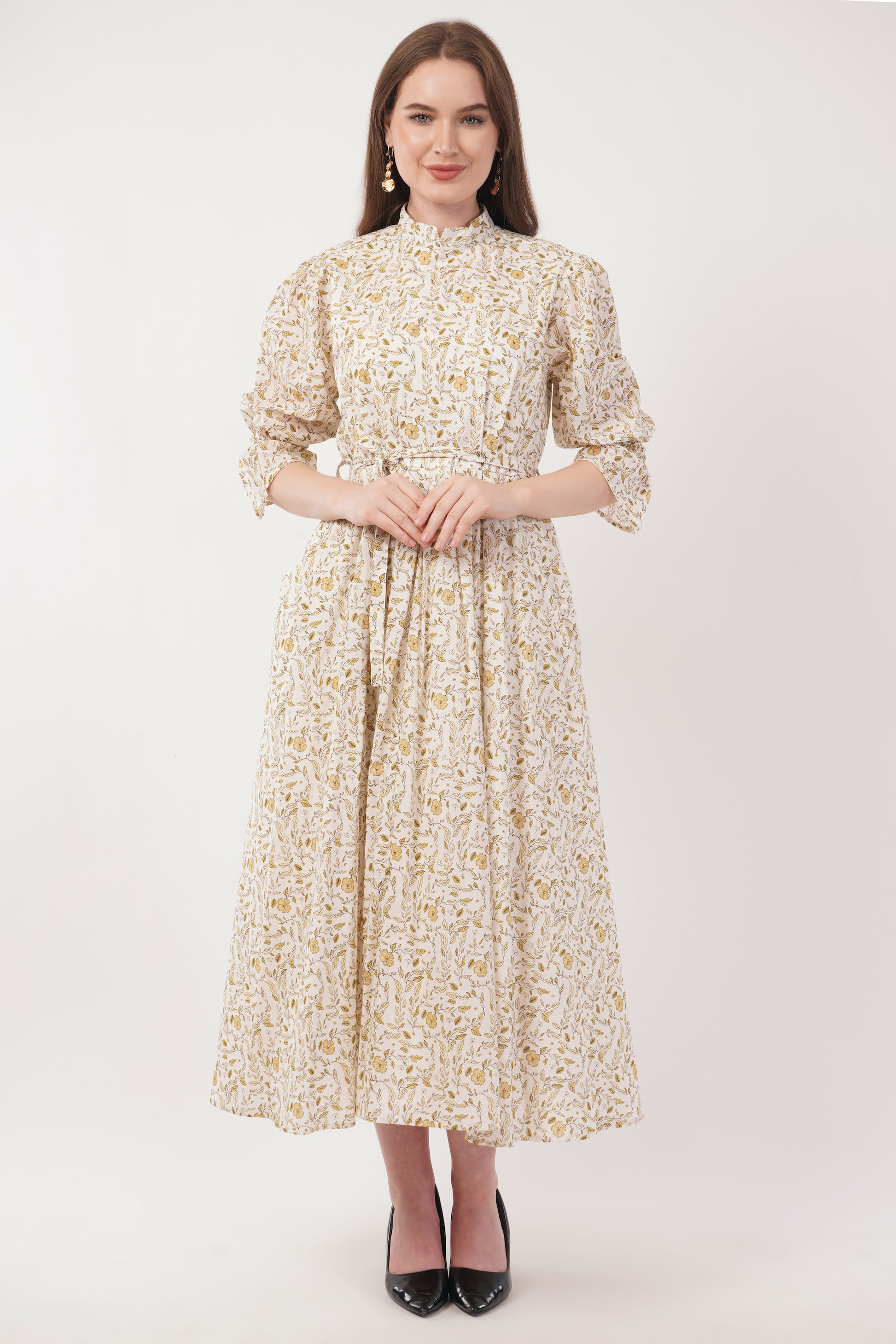 Lilian Long Bohemian Cotton Golden Floral Maxi Dress