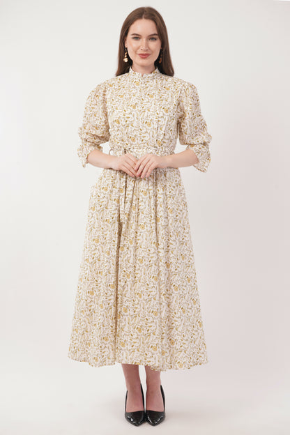 Lilian Long Bohemian Cotton Golden Floral Maxi Dress