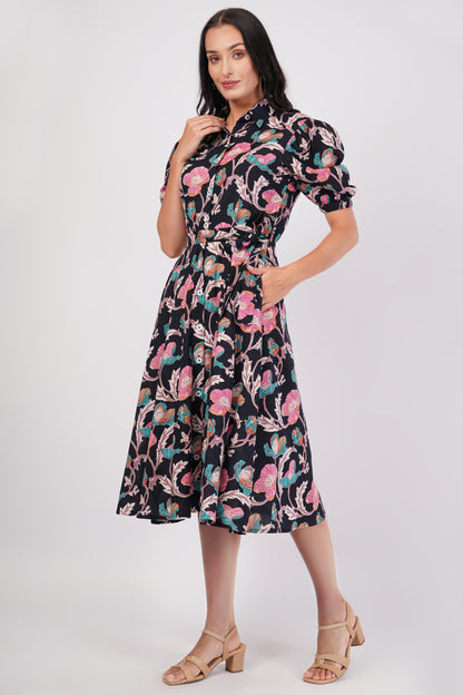 Midnight Love Short Sleeve Cotton Dress – Floral Elegance in Black