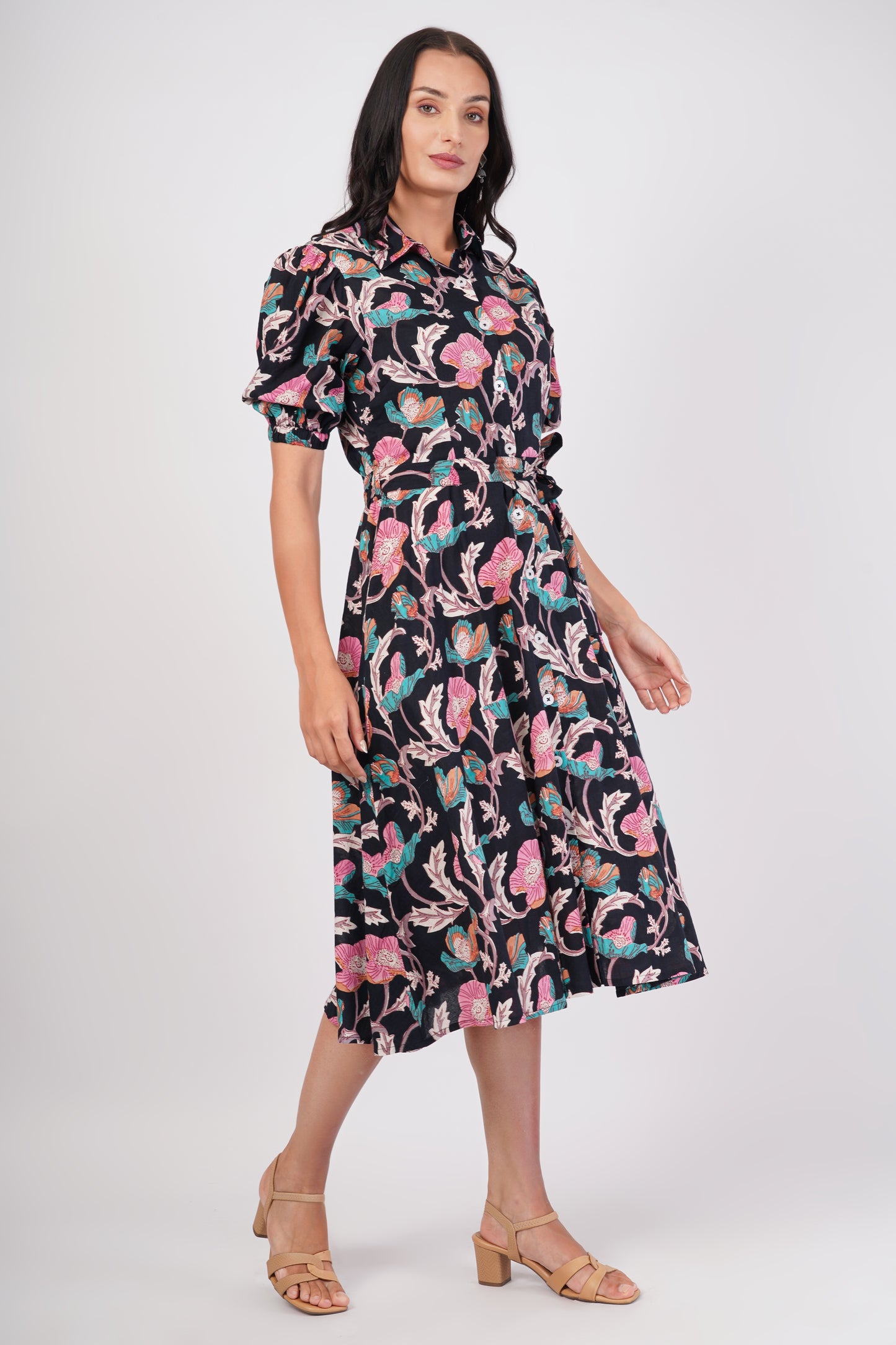 Midnight Love Short Sleeve Cotton Dress – Floral Elegance in Black