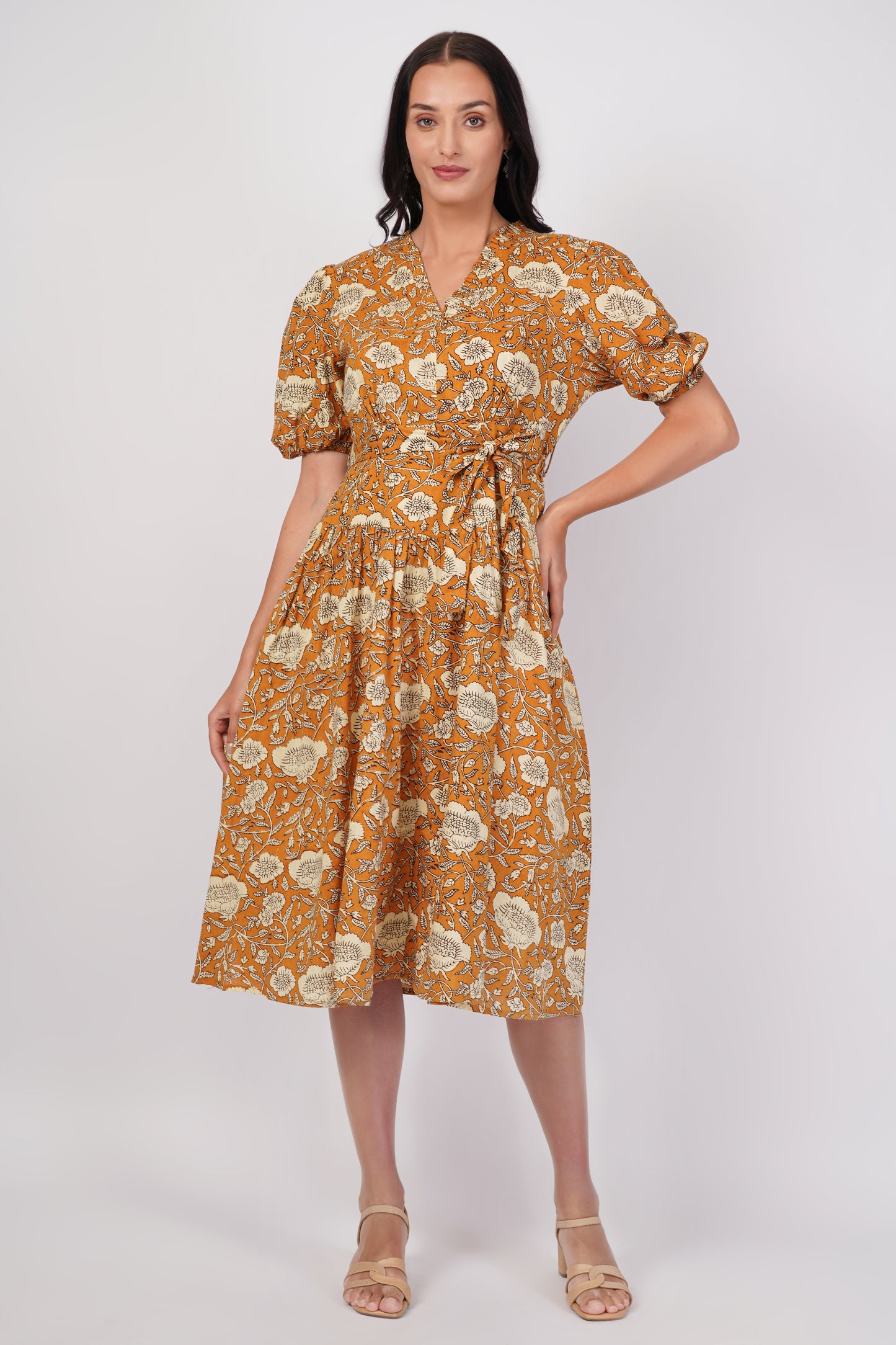 Sunpetal Bloom V-Neck Cotton Dress – Mustard Yellow Floral Midi