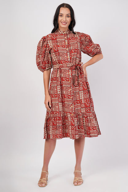 Rust Riwaayat Long Cotton Traditional Hand Block Printed Tiered Dress