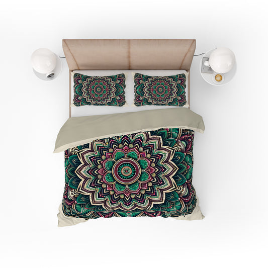 Green Beige Bohemian Lotus Reversible Quilt Cover Duvet Cover Set - Adore India   