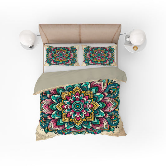 Teal Pink Bohemian Lotus Reversible Quilt Cover Duvet Cover Set - Adore India   