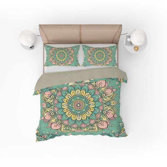 Green Pink Pleasant Mandala Reversible Quilt Cover Duvet Cover Set - Adore India   