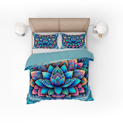 Blue Bohemian Lotus Reversible Quilt Cover Duvet Cover Set - Adore India   